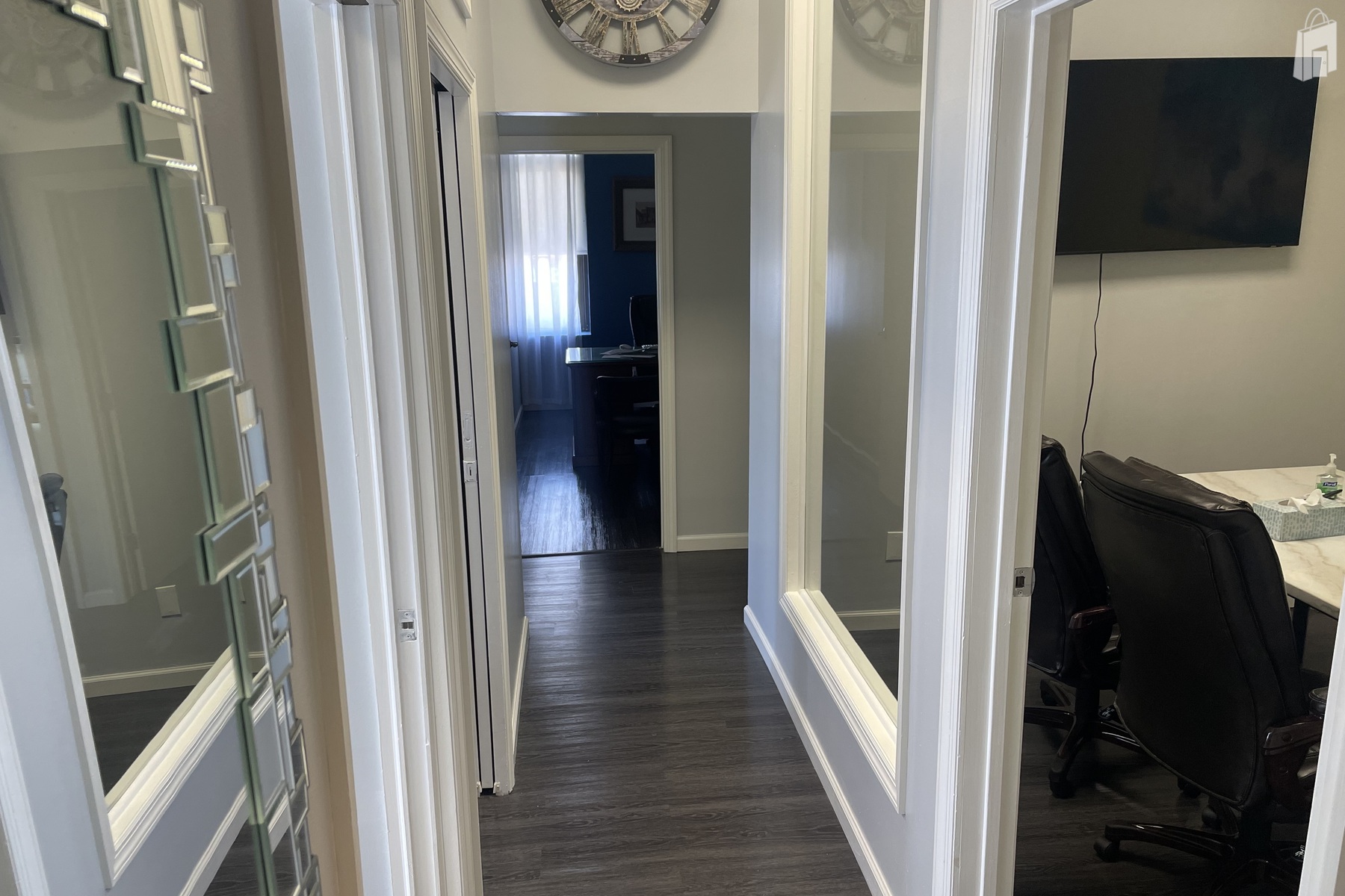 Bright Hallway with Glass Walls - Versatile Office Space in Astoria, Queens for Meetings or Filming